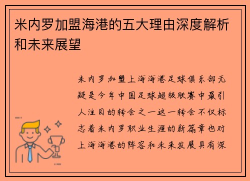 米内罗加盟海港的五大理由深度解析和未来展望