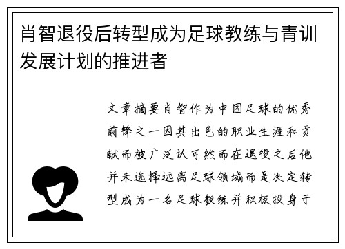 肖智退役后转型成为足球教练与青训发展计划的推进者